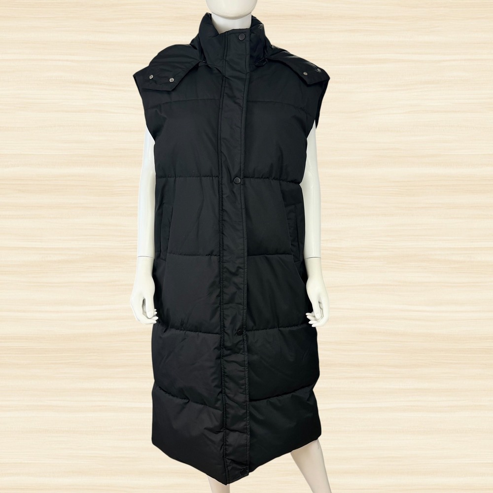 Long Black Puffer Vest Hooded Maxi Sleeveless Winter Coat Womens L Minimalist